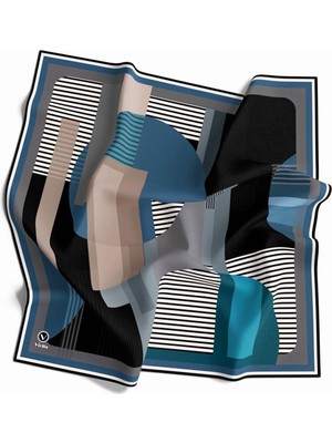 Violla Twill Çizgili ve Geometrik Desenli  Petrol Mavisi Renkli 90X90 Eşarp (Ipek Içermez) Kenar Dikiş Şekli El Dikişli