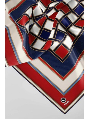 Violla Twill Kare Desenli Kırmızı - Lacivert Renkli 90X90 Dikim Şekli : El Dikişi Eşarp (Ipek Içermez)