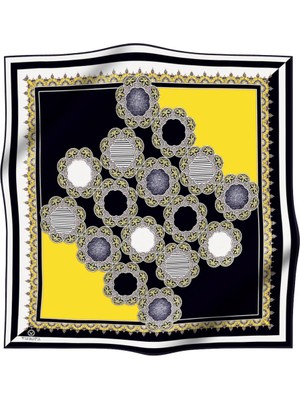 Vissona %100 Twill Türk Motifi  Desenli Siyah - Limon Sarısı Renkli 90X90 Eşarp Dikim Şekli: El Dikişi