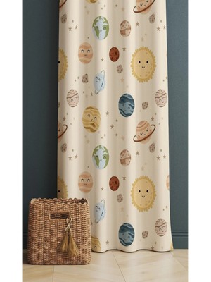 Alamodecor Krem Güneş Uzay Gezegen Desenli Çocuk Odası & Bebek Odası Fon Perdesi Tek Kanat