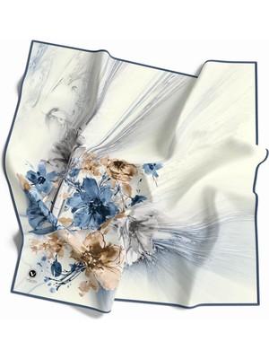 Violla Twill Çiçek Desenli Indigo Renkli 90X90 Eşarp (Ipek Içermez) Kenar Dikiş Şekli El Dikişli