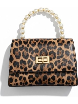 Rafiel Leopar Desenli Inci Saplı Kadın El Çantası - Gold Kilitli Lüks Abiye Çanta