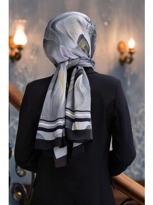 Vissona Lüks Medine Ipeği Duman Desenli Gri - Bej Renkli 75X195 Kırışmaz Eşarp Moss Krep Dikiş Tipi Italyan Dikişli