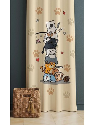 Alamodecor Sarı Üst Üste Oturan Kedi Desenli Çocuk Odası & Bebek Odası Fon Perdesi Tek Kanat