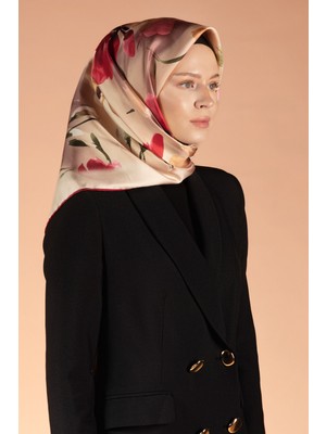 Vissona %100 Twill Ipek Çiçek Desenli Bej - Bordo Renkli 90X90 Dikim Şekli : El Dikişi Eşarp