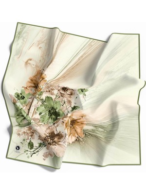 Violla Twill Çiçek Desenli Haki Renkli 90X90 Eşarp (Ipek Içermez) Kenar Dikiş Şekli El Dikişli