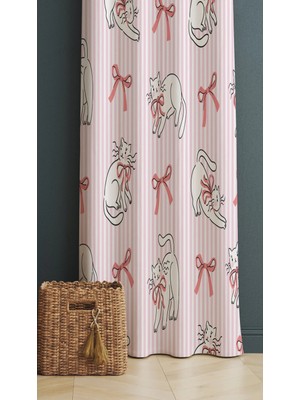 Alamodecor Pembe Çizgili Kedili Fiyonk Kurdele Model Fon Perde