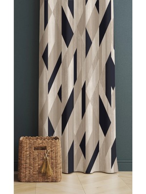 Alamodecor Krem ve Siyah Geometrik Desenli Model Tek Kanat Oturma Odası Salon Fon Perde
