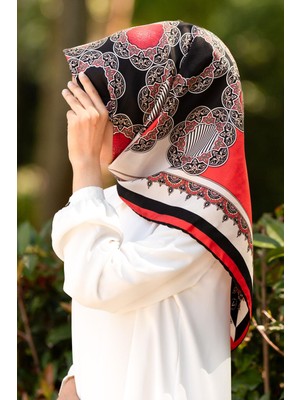 Vissona %100 Twill Türk Motifi  Desenli Siyah - Nar Çiçeği Renkli 90X90 Eşarp Dikim Şekli: El Dikişi
