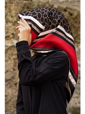 Vissona %100 Twill Ipek Gold Halka Desenli Kırmızı - Siyah Renkli 90X90 Eşarp Dikim Şekli : El Dikişi