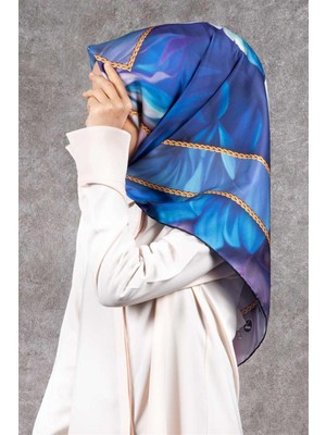 Violla Twill Gül Desenli Bebe Mavisi - Pudra Renkli 90X90 Eşarp (Ipek Içermez) Kenar Dikiş Şekli El Dikişli