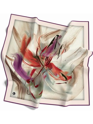 Violla Twill Çiçek Tablo Desenli Mürdüm Renkli 90X90 Eşarp (Ipek Içermez) Kenar Dikiş Şekli El Dikişli