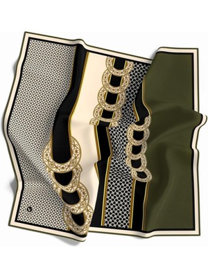 Violla Kristal Çiçek Desenli Haki Renkli 90X90 Eşarp (Ipek Içermez) Kenar Dikiş Şekli El Dikişli