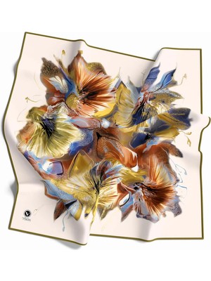 Violla Twill Çiçek Desenli Haki - Turuncu Renkli 90X90 Eşarp (Ipek Içermez) Kenar Dikiş Şekli El Dikişli