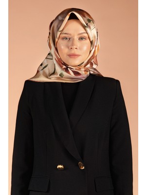 Vissona %100 Twill Ipek Çiçek Desenli Gold - Taba Renkli 90X90 Dikim Şekli : El Dikişi Eşarp