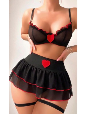 Beruflic Siyah Kırmızı Kalp Detaylı Seksi Iç Çamaşır Seti