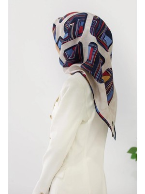 Vissona %100 Twill Ipek Geometrik Kare Desenli Kırmızı - Lacivert Renkli 90X90 Eşarp Dikim Şekli : El Dikişi