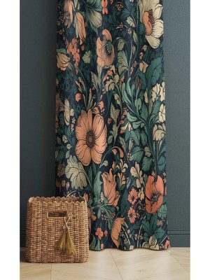 Alamodecor Vintage Yaprak Desen Tek Kanat Oturma Odası Salon Fon Perde