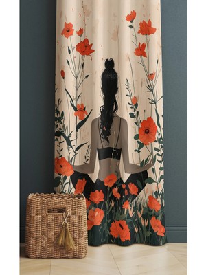 Alamodecor Çiçekli Yoga Yapan Kadın Model Tek Kanat Genç Odası Fon Perde