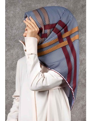 Violla Twill Çizgili Pötikareli Çizgili Desenli Bordo - Bej Renkli 90X90 Eşarp (Ipek Içermez)