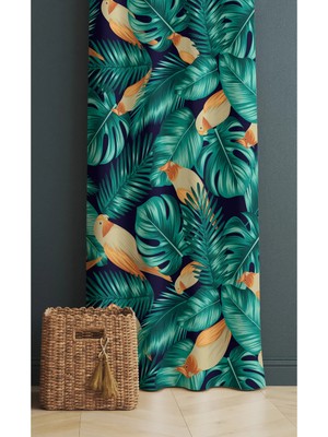 Alamodecor Turkuaz Yaprak ve Kuş Model Tek Kanat Oturma Odası Salon Fon Perde