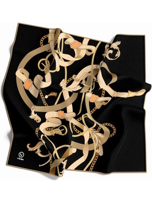 Violla Twill Kemerli ve Zincir Desenli Siyah Renkli 90X90 Eşarp (Ipek Içermez) Kenar Dikiş Şekli El Dikişli