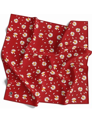 Violla Twill Papatya Desenli Kırmızı Renkli 90X90 Eşarp (Ipek Içermez) Kenar Dikiş Şekli El Dikişli
