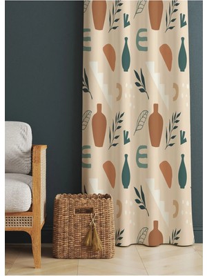 Alamodecor Krem ve Kahverengi Bohem Vazo ve Yaprak Etnik Desenli Baskılı Fon Perde (Tek Kanat)