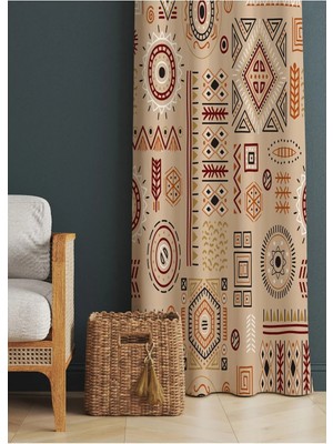 Alamodecor Kahverengi Iskandinav Etnik Geometrik Desenli Baskılı Fon Perde ( Tek Kanat )