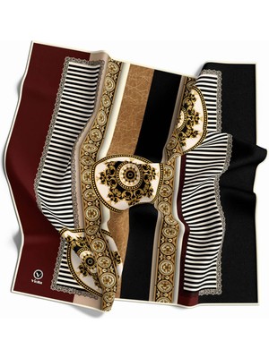 Violla Twill Çizgili ve Barok Desenli Bordo Renkli 90X90 Eşarp (Ipek Içermez) Kenar Dikiş Şekli El Dikişli