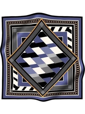 Violla Soft Geometrik Desenli Lacivert Renkli 90X90 Eşarp (Ipek Içermez) Kenar Dikiş Şekli El Dikişli