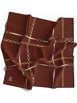 Violla Twill Zincir ve Kemer Desenli Taba Renkli 90X90 Eşarp (Ipek Içermez) Kenar Dikiş Şekli El Dikişli