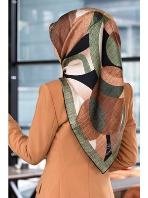 Vissona %100 Twill Ipek Daire Desenli Haki Yeşili Renkli 90X90 Eşarp Eşarp Kenar Dikiş Şekli El Dikişli