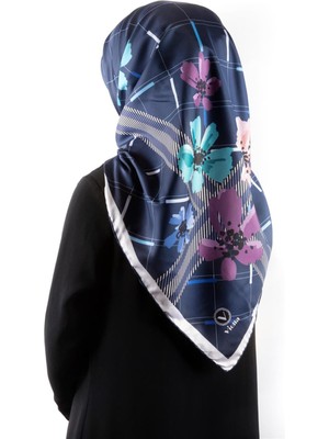 Violla Twill Papatya Desenli Indigo Renkli 90X90 Eşarp (Ipek Içermez) Kenar Dikiş Şekli El Dikişli