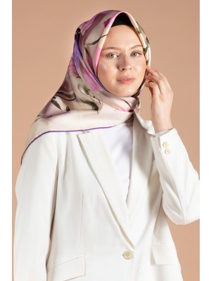 Vissona %100 Twill Ipek Çiçek Desenli Mor - Pembe Renkli 90X90 Dikim Şekli : El Dikişi Eşarp