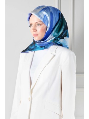 Vissona %100 Twill Ipek Yaprak Desenl Mint Yeşili - Saks Renkli 90X90 Eşarp Dikim Şekli : El Dikişi