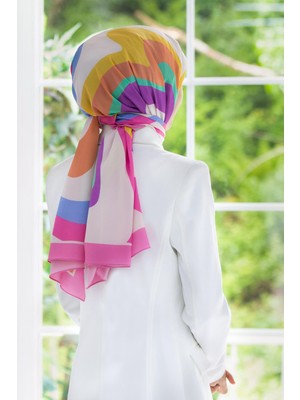 Vissona Lüks Medine Ipeği Geometrik Desenli Pembe Renkli 75X195 Kırışmaz Şal Moss Krep Dikiş Tipi Italyan Dikişli