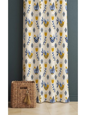 Alamodecor Krem Mavi Turuncu Kuş Detaylı Tek Kanat Oturma Odası Salon Fon Perde