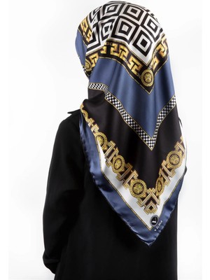 Violla Twill Çizgili Barok Desenli Indigo Renkli 90X90 Eşarp (Ipek Içermez)