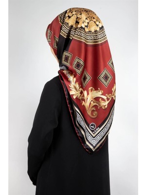 Violla Twill Barok Desenli Bordo Renkli 90X90 Eşarp (Ipek Içermez) Kenar Dikiş Şekli El Dikişli