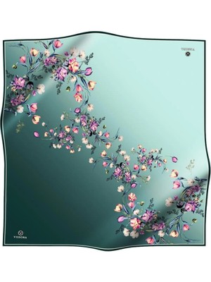 Vissona %100 Twill Ipek Sonsuz Çiçek Desenli Mint Yeşili Renkli 90X90 Eşarp Dikim Şekli : El Dikişi