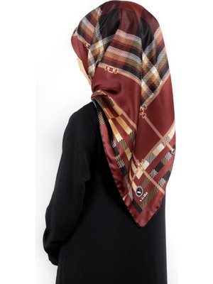 Violla Twill Kemerli ve Ekose Desenli Bordo Renkli 90X90 Eşarp (Ipek Içermez)Kenar Dikiş Şekli El Dikişli