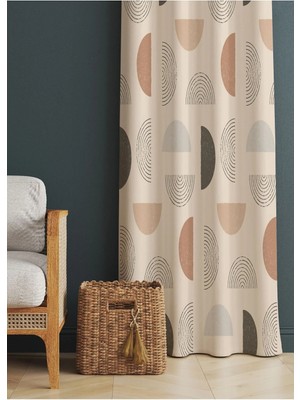 Alamodecor Krem Rengi Geometrik Iskandinav Model Etnik Desenli Baskılı Fon Perde ( Tek Kanat)