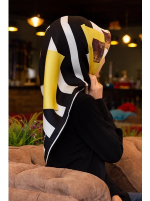 Vissona %100 Twill Ipek Karo Desenli Limon Sarısı - Siyah Renkli 90X90 Eşarp Dikim Şekli : El Dikişi