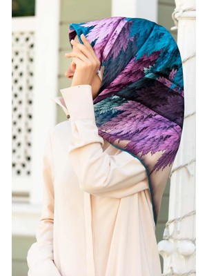 Vissona %100 Twill Ipek Yaprak Desenli Krem - Turkuaz Renkli 90X90 Eşarp Dikim Şekli : El Dikişi