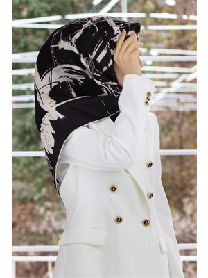 Vissona %57 Ipek %43 Viskon Twill Ipek Geometrik Desenli Siyah - Krem Renkli 90X90 Eşarp Dikim Şekli : El Dikişi