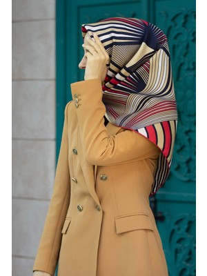 Vissona %100 Twill Ipek Okyanus Dalgası Desenli Bej - Kırmızı Renkli 90X90 Eşarp Kenar Dikiş Şekli El Dikişli