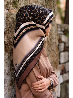 Vissona %100 Twill Ipek Gold Halka Desenli Bej - Kahverengi Renkli 90X90 Eşarp Dikim Şekli : El Dikişi
