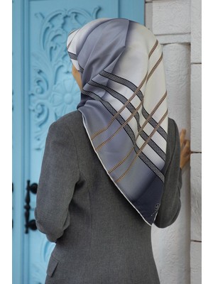 Vissona %100 Twill Ipek Geometrik Desenli Gri - Bej Renkli Renkli 90X90 Eşarp Dikim Şekli : El Dikişi