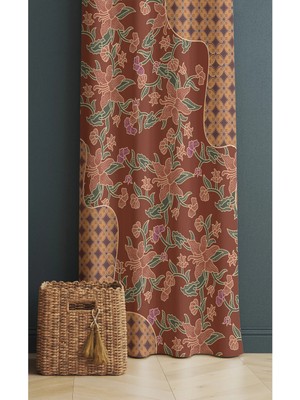 Alamodecor Kahve Rengi Etnik Desen Çiçekli Tek Kanat Oturma Odası Salon Fon Perde